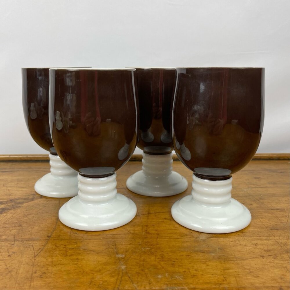Vintage Hall Wine Goblets Pedestal Mugs Brown White Set of 4